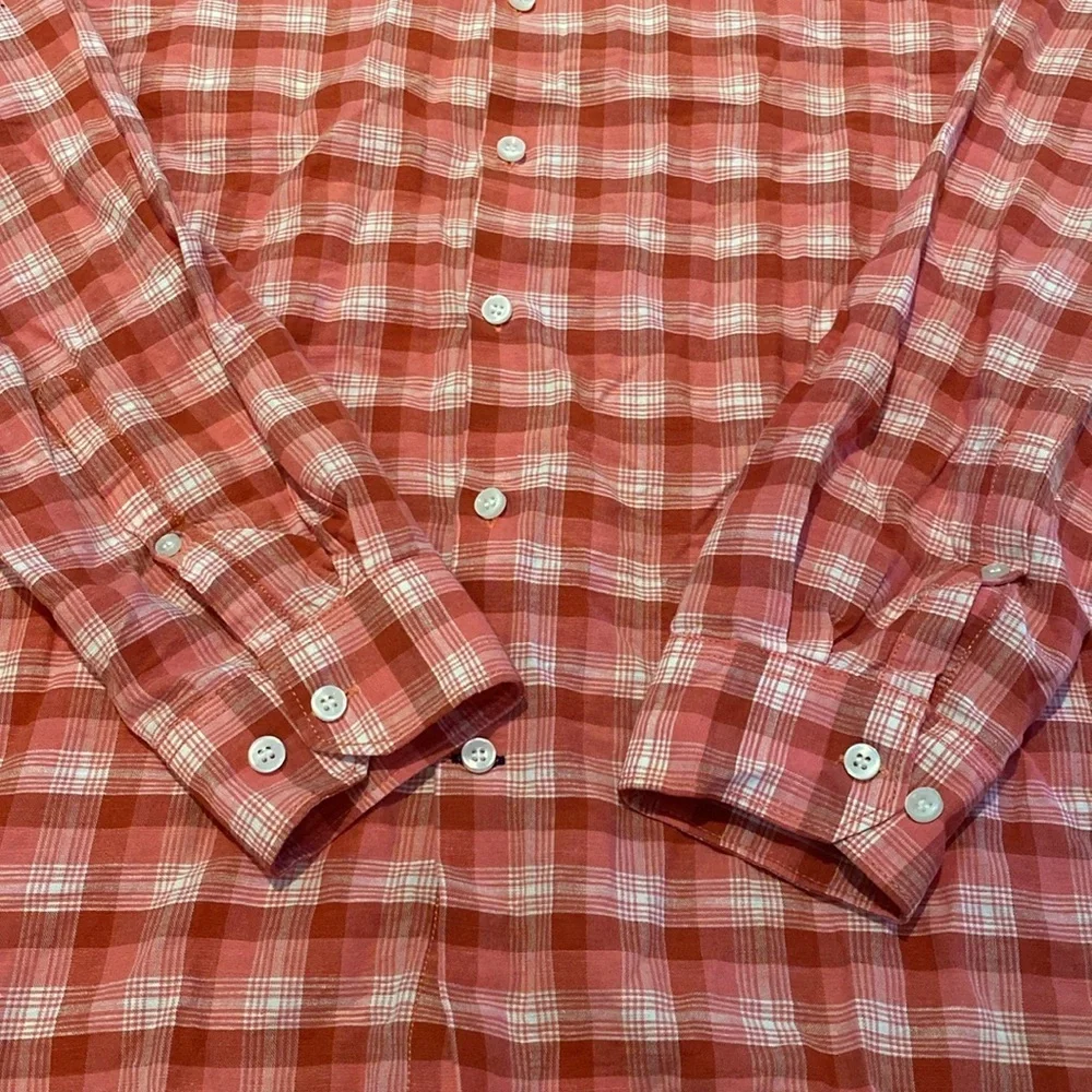 Mast & Harbour Linen Blend Pink White Plaid Madras L/S Button Up Shirt Sz LARGE